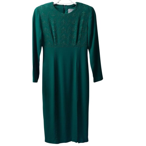 Carol Anderson Petites Sheath Dress Womens Size 4 Green Embroidered Long Sleeve - Picture 6 of 6